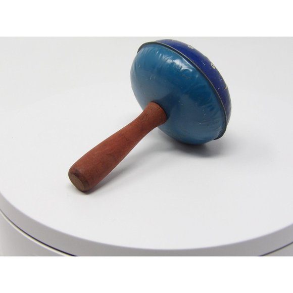 Vintage Blue Metal Noisemaker Rattle Featuring Girls Jumping Rope & Wooden Handl - Picture 6 of 8